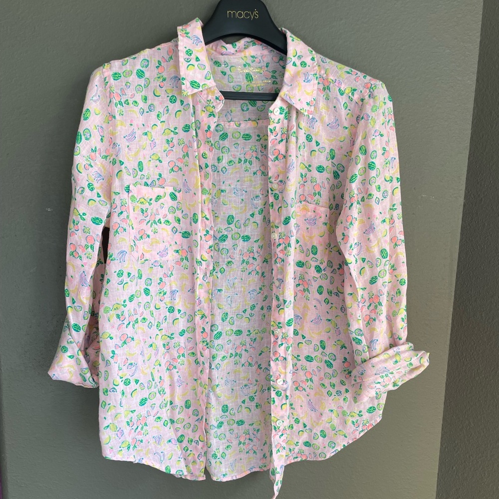 Lilly Pulitzer linen shirt in pink with lemons